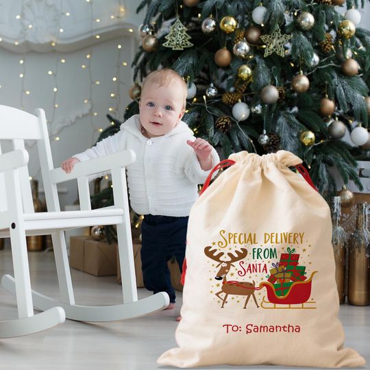 Discover Personalized Christmas Gift Bag, Special Delivery From Santa Sack with Reindeer & Sleigh, Custom Name Holiday Favor Bag, Santa Gift Sack