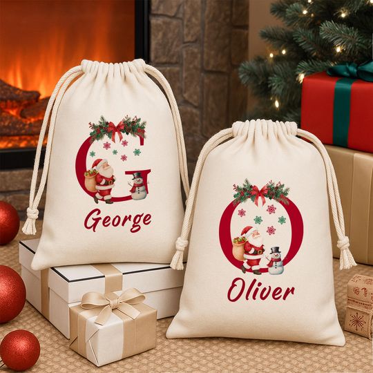Discover Personalized Christmas Toy Sack with Name Initial Gift Bags Holiday Favor Canvas Bags