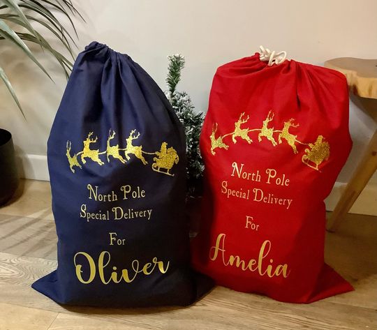 Personalized Santa Sack, Gold Glitter Reindeer, Luxury Cotton Christmas Sack