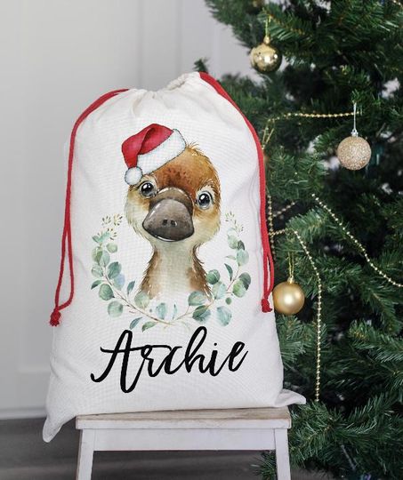 Discover Platypus Christmas sack, Personalised Santa sack, Christmas Keepsake, Aussie Animals, Christmas bag, Drawstring Bag, Linen Xmas Bag