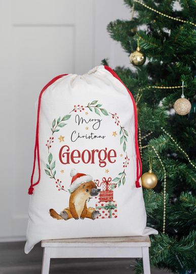 Discover Personalised Santa sack, Platypus Christmas sack, Christmas Keepsake, Christmas decor, Christmas bag, Drawstring Bag, Aussie animals