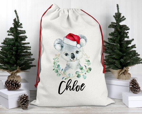 Discover Personalised Koala Christmas Sack: Linen Drawstring Bag