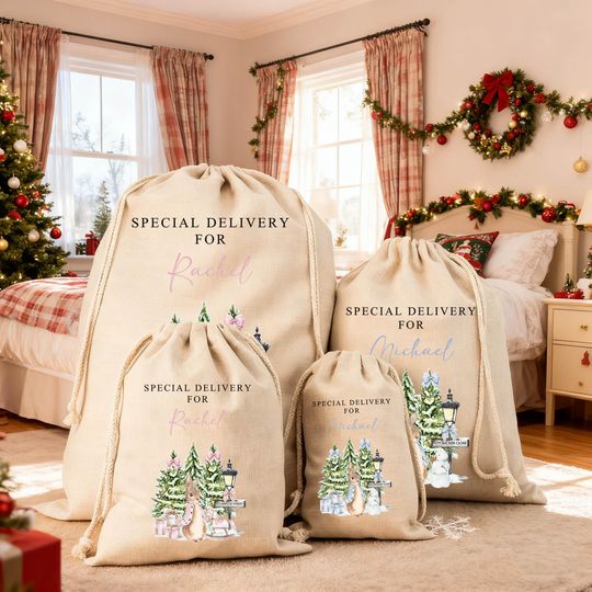 Personalized Rabbit Christmas Sack, Large Santa Bags, Pink Rabbit Bag, Custom Name Present Family Sacks