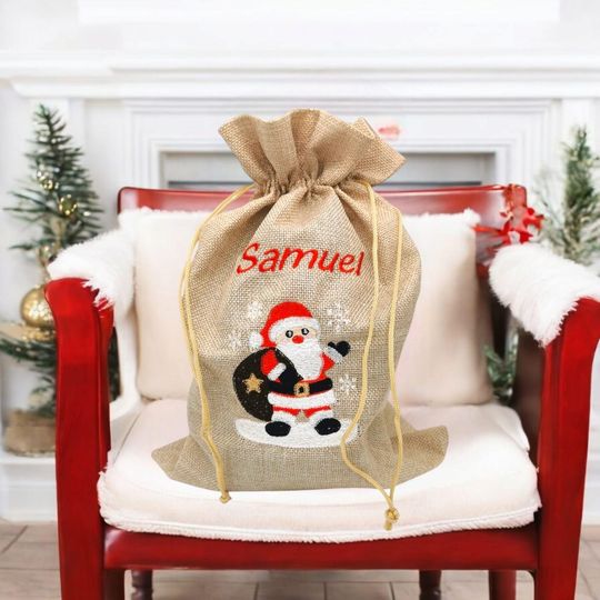 Organic JUTE Santa Sack Santa Bag Christmas Gift Personalized with Name Santa Claus