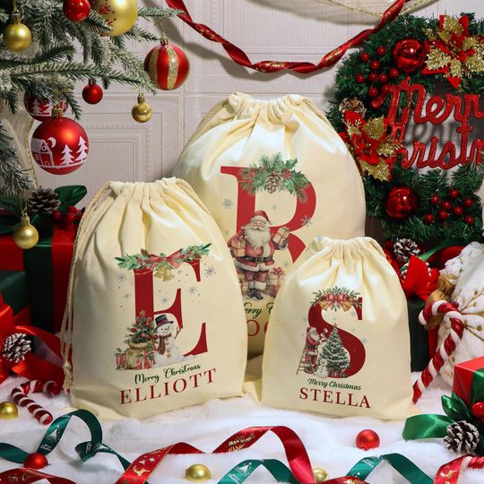 Discover Personalized Christmas Santa Sack | Custom Initial Cotton Gift Bag