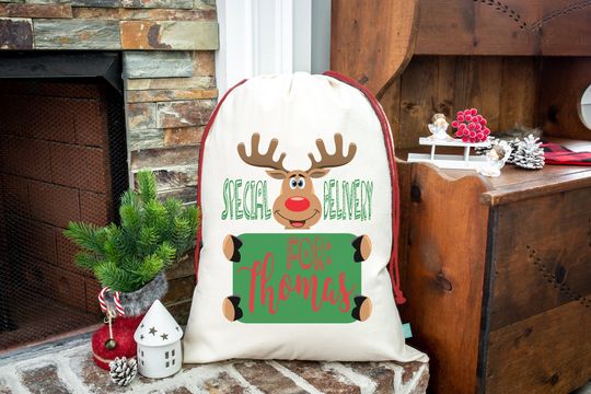 Discover Special Delivery Reindeer Santa Sack -Express Delivery Reindeer - Christmas Gifts from Santa Claus -Christmas Gift Bag with Children's Name