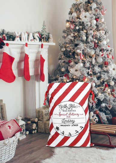 Personalized Christmas Santa Sack: Candy Cane Striped Gift Bag