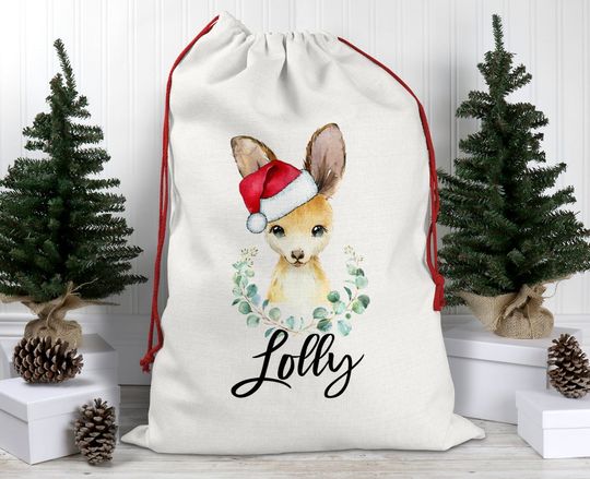 Kangaroo Christmas sack, Personalised Santa sack, Christmas Keepsake, Aussie Animals, Christmas bag, Drawstring Bag, Linen Xmas Bag