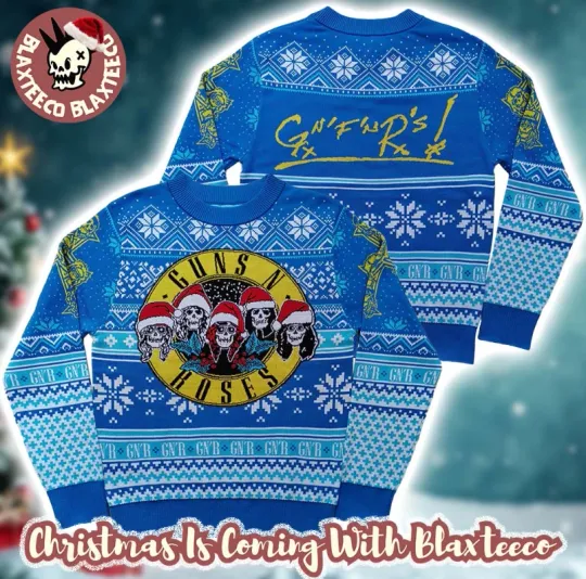 Guns And Roses Iconic Skull Logo Band Wearing Santa Hats Ugly Sweater