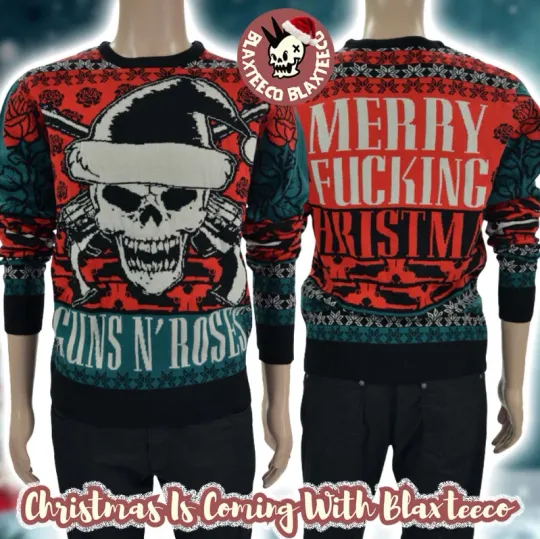 Guns And Roses Skull Santa Signature Logo Merry Fcking Christmas Ugly Sweater
