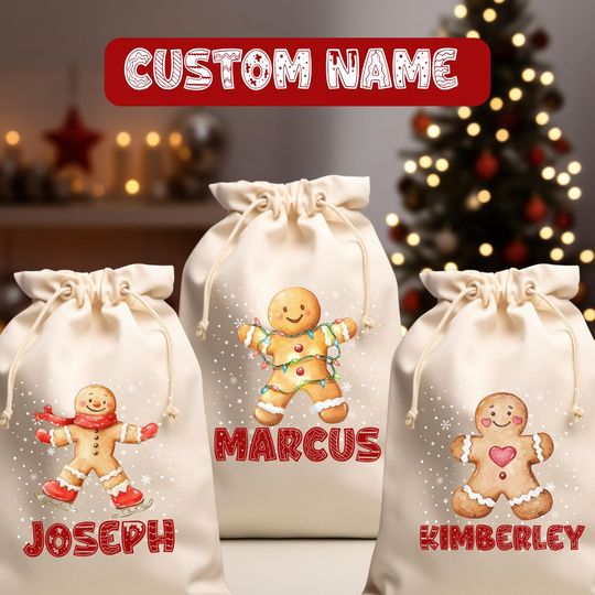 CUSTOM SANTA SACK  Personalized Gingerbread Gift Bag, Choose Your Gingerbread  Add Any Name, Santa Sack3