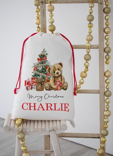 Discover Personalised Christmas Santa Sack  Teddy Bear Traditional Drawstring Gift Bag