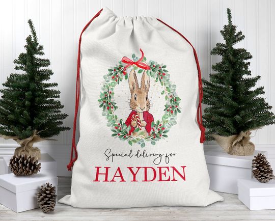 Discover Peter Rabbit Christmas sack, Personalised Santa sack, Christmas Keepsake, Christmas decor, Christmas bag, Drawstring Bag, Traditional Sack