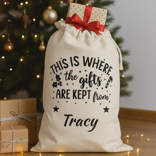 Discover Personalized Santa Sack with Name | Christmas Gift Bag | Typography Holiday Sack | Custom Christmas Sack for Kids | Gifts Are Kept Here Bag