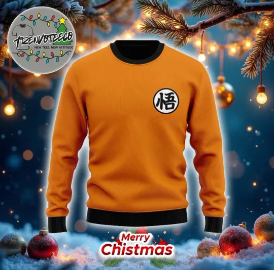 Dragon Z Son Goku Kanji Logo Orange Ugly Sweater
