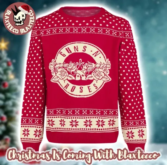 Guns And Roses Big Logo With Snowflakes Pattern Christmas Ugly Sweater