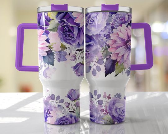 Discover Violet Purple Floral 40oz Quencher Tumbler Wrap -  Seamless PNG Tumbler Design Sublimation Designs Downloads - PNG