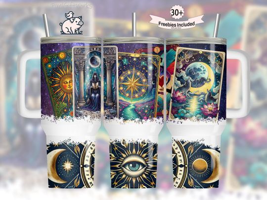 Witchy Tarot Cards 40oz Tumbler Wrap: Celestial Wolf Design