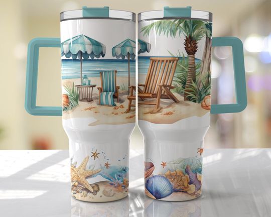 Discover Beach Watercolor 40oz Quencher Tumbler Wrap -  Summer Seamless PNG Tumbler Design Sublimation Designs Downloads - PNG
