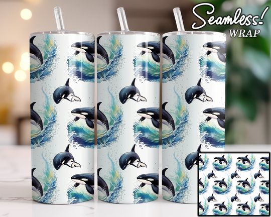 Discover Orca Whale Watercolor Seamless Tumbler Design, 20oz Straight Skinny Tumbler Wrap, Killer Whale Sublimation Design Pattern, PNG Digital