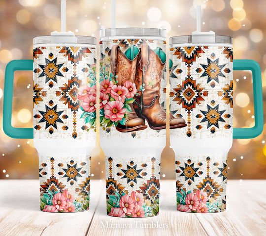 Discover Cowgirl boots 40oz Quencher tumbler sublimation design Aztec Flower Western Southwest Tribal ornament PNG wrap Waterslide Digital download