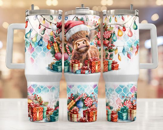 Discover Christmas highland cow 40oz Quencher tumbler sublimation design Funny animal Christmas lights  wrap Waterslide