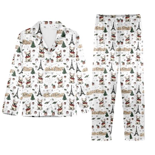 French Bulldog Paris Christmas Pajamas  Holiday Dog PJs with Eiffel Tower, Gifts and Snowflakes, Cozy Winter Sleepwear for Frenchie Lovers