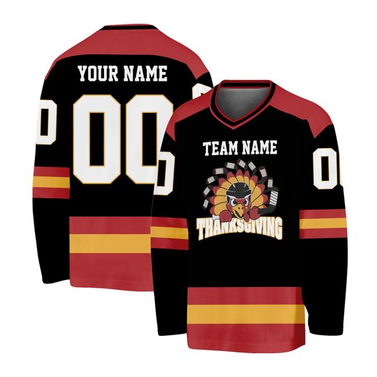Customized hockey jersey thanksgiving turkey logo black basic, Team Thanksgiving Sports Jersey, Funny Turkey Hockey Custom Name