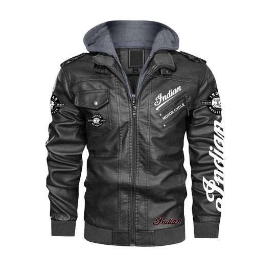 Men's Indian Biker Motorcycle Hooded Leather Jacket Genuine Cowhide Black