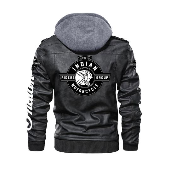 Men's Indian Biker Motorcycle Hooded Leather Jacket Genuine Cowhide Black