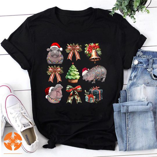 Discover Moo Deng Coquette Christmas Vintage T-Shirt, Christmas Things Shirt, Moo Deng Shirt, Cute Moo Deng Shirt