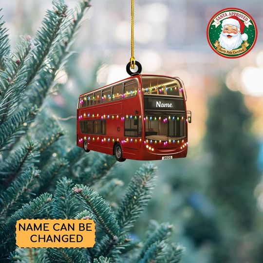 Discover Personalized London Red Bus Christmas Ornament, London UK Travel Ornament, Red Double Decker Ornament, British Bus Ornament Gift