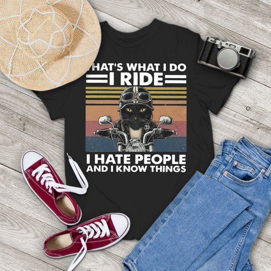 Discover Cat Riding Motorcycle T-Shirt, Vintage Black Cat Motorcycle Tee, Funny Motorcycle Shirt, Gift for Motorcycle Enthusiasts
