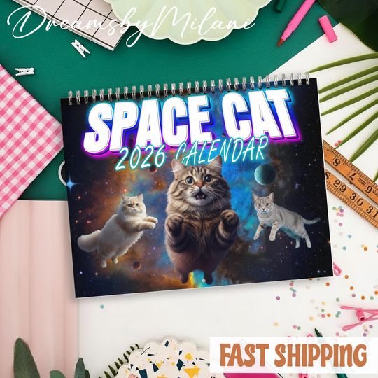 Discover Space Cat 2026 Calendar, Space Cat Monthly Wall Calendar, 2026 Space Cat Calendar