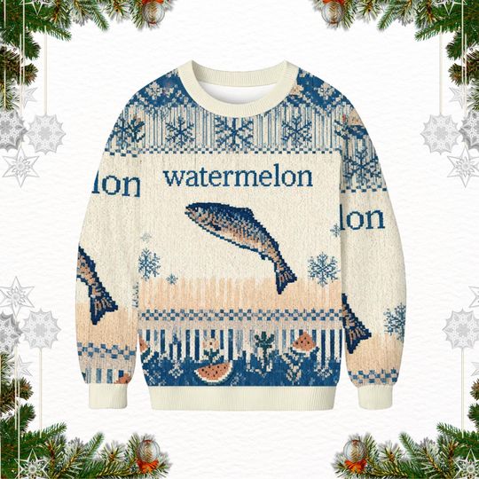 Watermelon Fish Christmas Sweater, Funny Holiday Meme Ugly Xmas Sweater for Men Women, Quirky Winter Gift