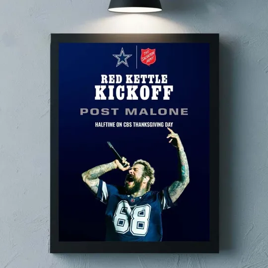 Discover Post Malone Halftime Show On CBS Thanksgiving Day 2025 Red Kettle Kickoff Poster