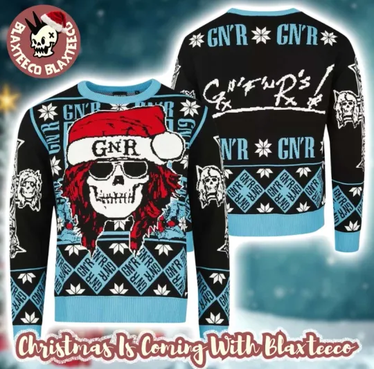 Guns And Roses Iconic Skull With Gnr Santa Hat Cross Logo Ugly Christmas Sweater