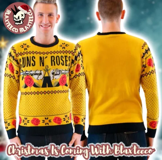Guns And Roses Big Signature Logo Roses Pattern Christmas Ugly Sweater