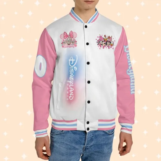 Discover Personalized Mickey & Friend Magic Castle Christmas Pink & White Baseball Jacket