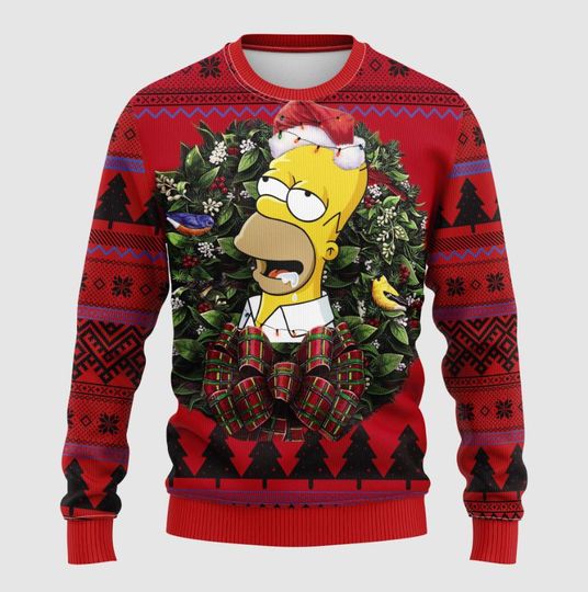 Discover Funny Homer Simpson Christmas Sweater Ugly Xmas Jumper Cartoon Holiday Sweatshirt for Men Women Fans