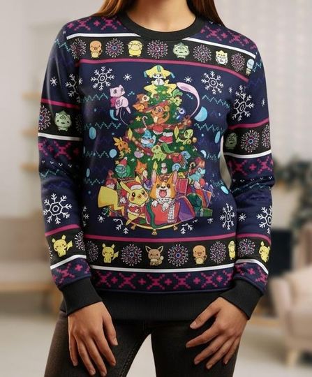 Pocket Monster Ugly Christmas Sweater, Cute Pet Xmas Sweater, Cartoon and Anime Tree Sweater, Holiday Gift