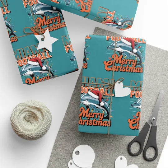 Discover Miami Football Merry Christmas Sports Gift Wrap, Holiday Dolphins football