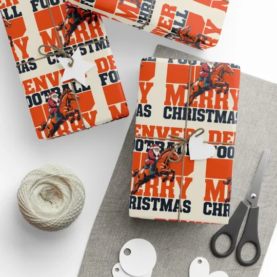 Denver Football Merry Christmas Sports Gift Wrap, Holiday Present Broncos