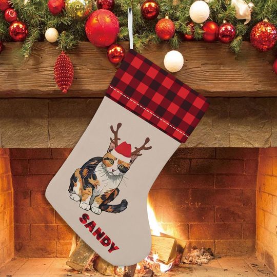 Discover Love Calico Cat Christmas Stocking, Cute Calico Cat Xmas Stocking Gift, Cat Lover Holiday Decor