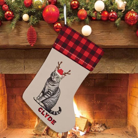 Discover Love Tabby Grey Cat Christmas Stocking, Cute Cat Holiday Stocking Gift for Cat Lovers