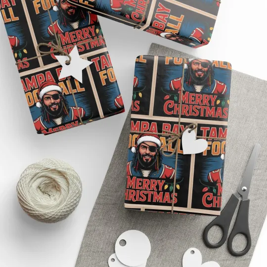 Discover Tampa Bay Football Merry Christmas Sports Gift Wrap, Holiday Present Wrap Bucs