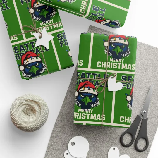 Seattle Football Merry Christmas Sports Gift Wrap, Holiday Present Wrap Seahawks