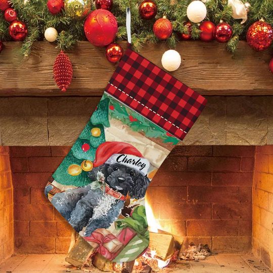 Gray Black Poodle Dog Christmas Stocking, Cute Holiday Stocking for Dog Lovers