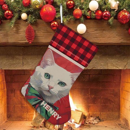Discover Love White Cat Christmas Stocking, Cute Cat Holiday Stocking, Christmas Gift for Cat Lovers