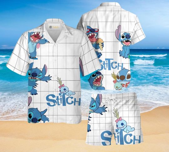 Discover Cute Stitch White Grid Hawaiian Shirt and Shorts Set for Summer Vacation